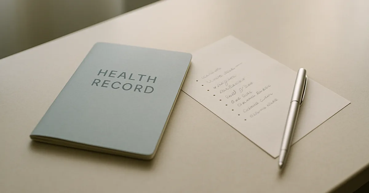 Carnet de santé, stylo et liste sur un bureau